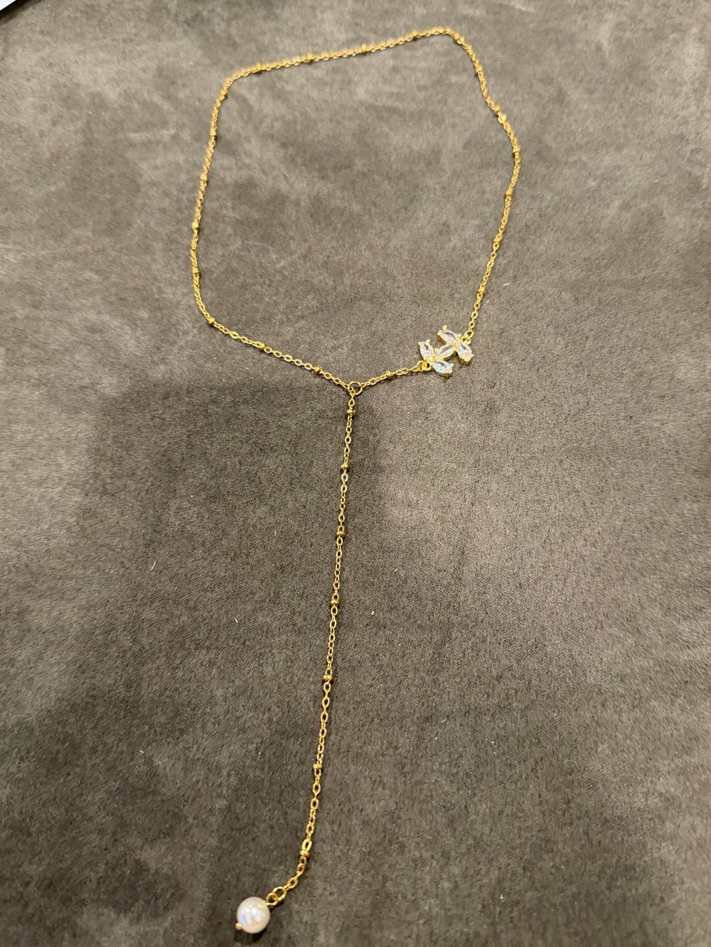 8 Other Reasons Gold Lariat Necklace with Pearl and Crystal Accent